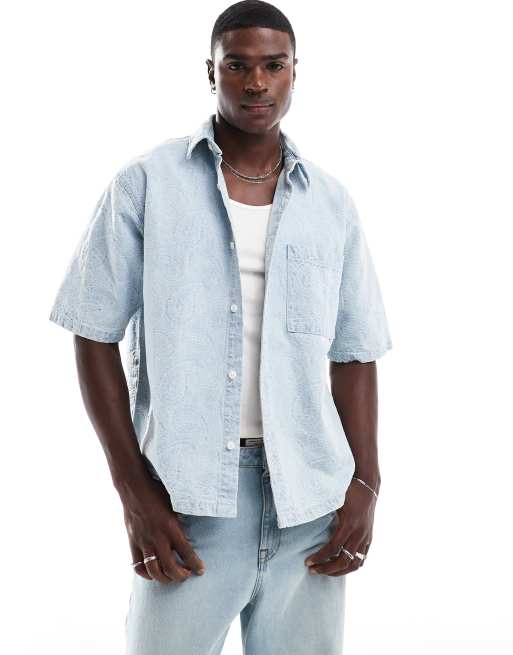 Pull&Bear - Camicia in denim blu jacquard