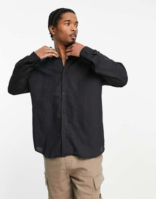 Pull&Bear - Camicia in lino a maniche lunghe nera