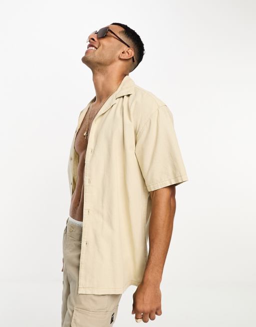 Pull&Bear - Camicia in lino color sabbia con rever 