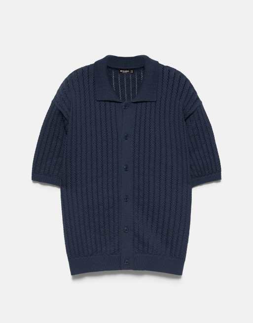 Pull&Bear - Camicia in maglia blu scuro con cutwork, 3 di 4