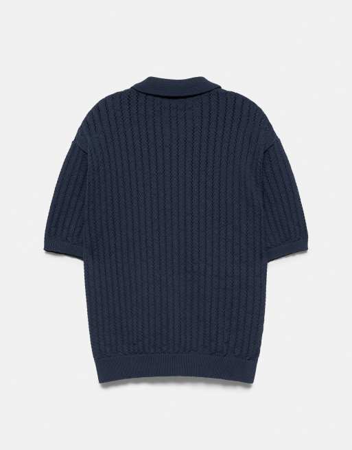 Pull&Bear - Camicia in maglia blu scuro con cutwork, 4 di 4