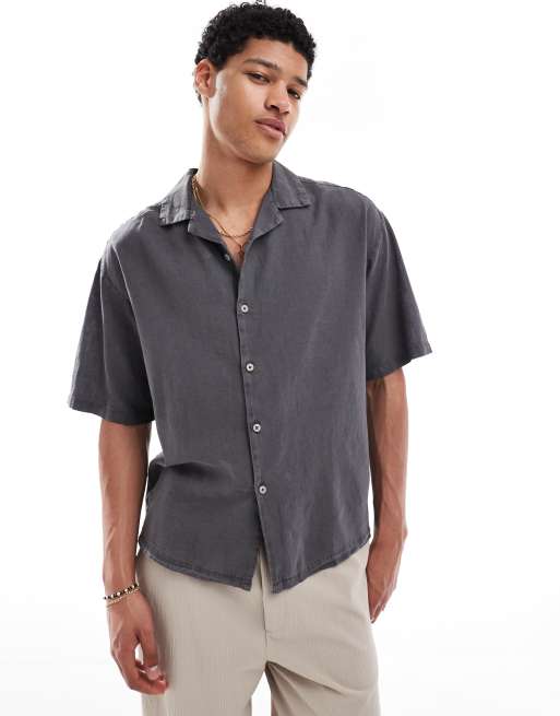 Pull&Bear - Camicia in misto lino antracite