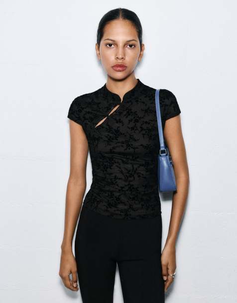 Pull&Bear camicia in velluto nera con alamaro - view 1