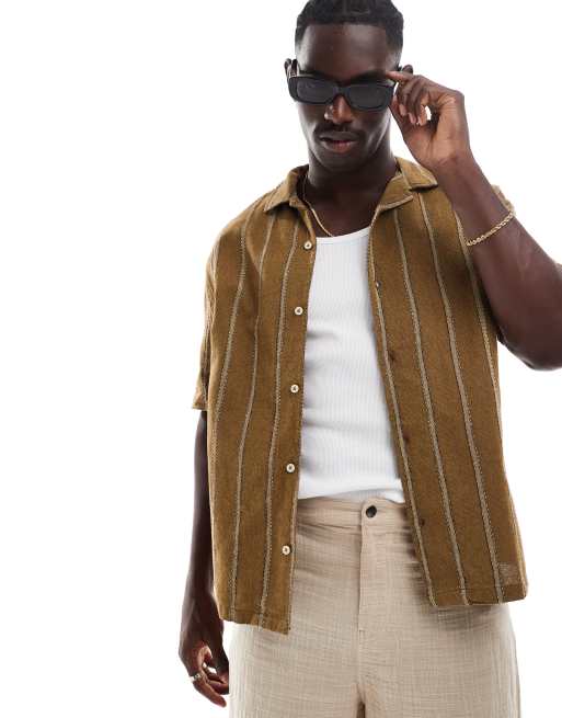 Pull&Bear - Camicia kaki a righe a maniche corte