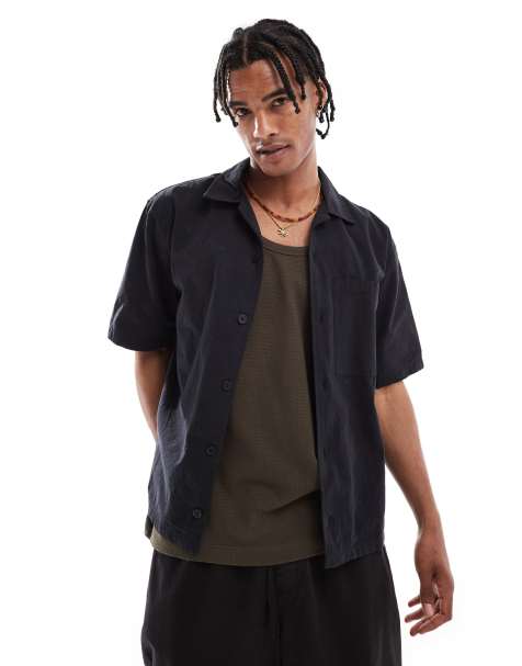Pull&Bear - Camicia nera increspata testurizzata con colletto a rever - view 1