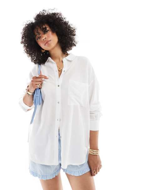Pull&Bear - Camicia oversize effetto lino bianca - view 1