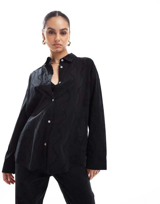 Pull&Bear - Camicia oversize in pizzo nera in coordinato