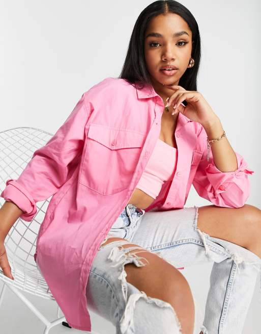 Pull&Bear - Camicia oversize in popeline rosa in coordinato