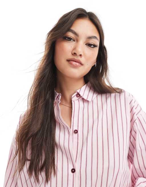 Pull&Bear - Camicia oversize rosa con righe a contrasto, 4 di 4