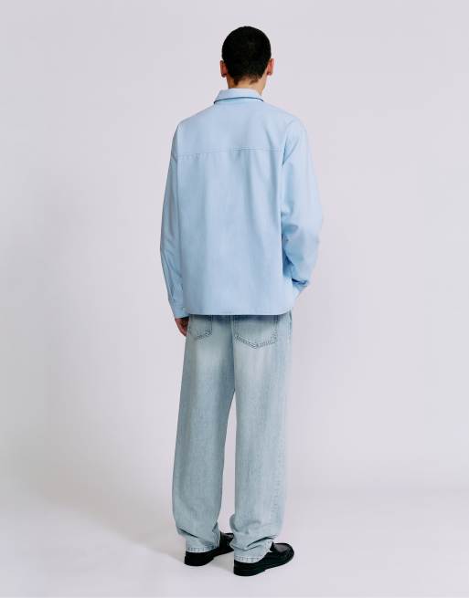 Pull&Bear camicia ricamata a maniche lunghe in azzurro chiaro, 2 di 7