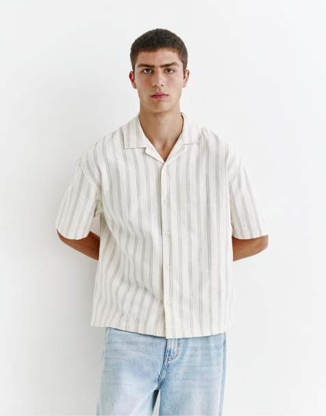 Pull&Bear - Camicia rustica a righe bianco sporco - view 1