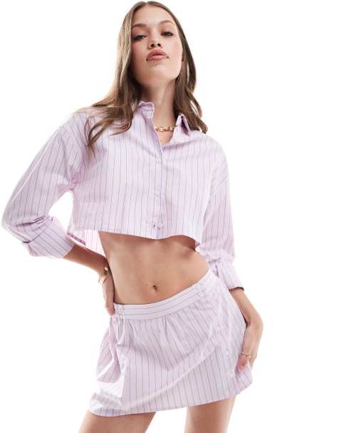 Pull&Bear - Camicia squadrata rosa a righe in coordinato - view 1