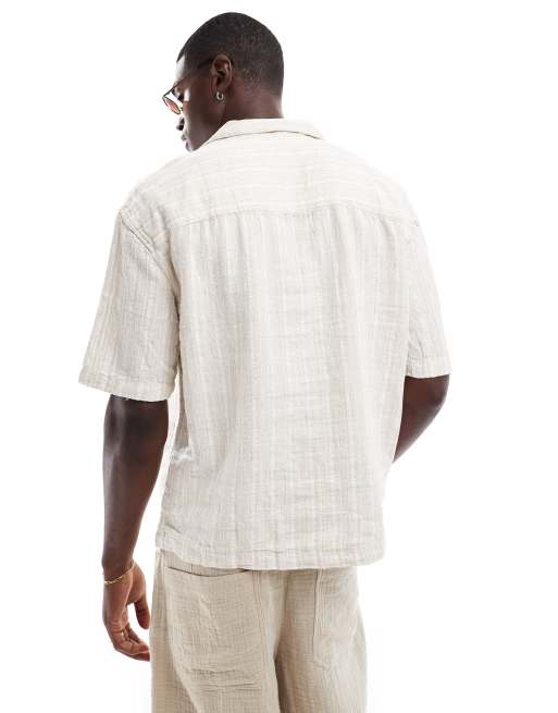 Pull&Bear - Camicia testurizzata écru a righe a maniche corte, 3 di 4