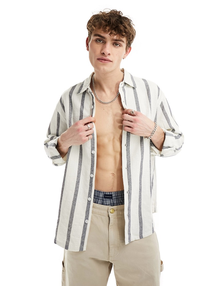 Pull & Bear Camp Collar Long Sleeve Striped Shirt In Ecru-neutral