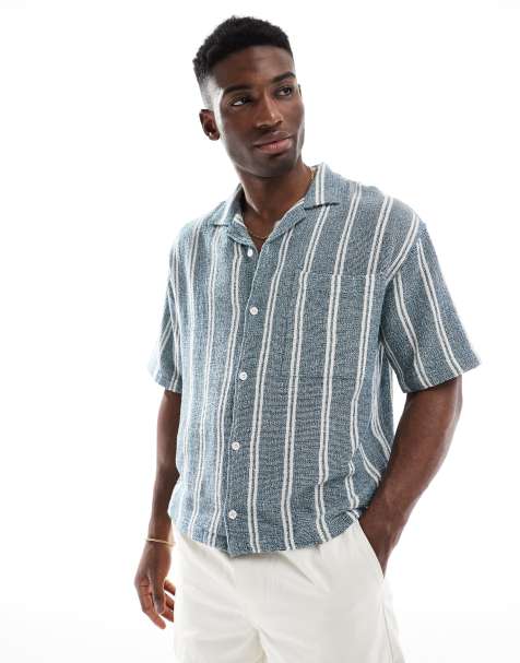 Pull&Bear camp collar short sleeve shirt in blue stripe - view 1