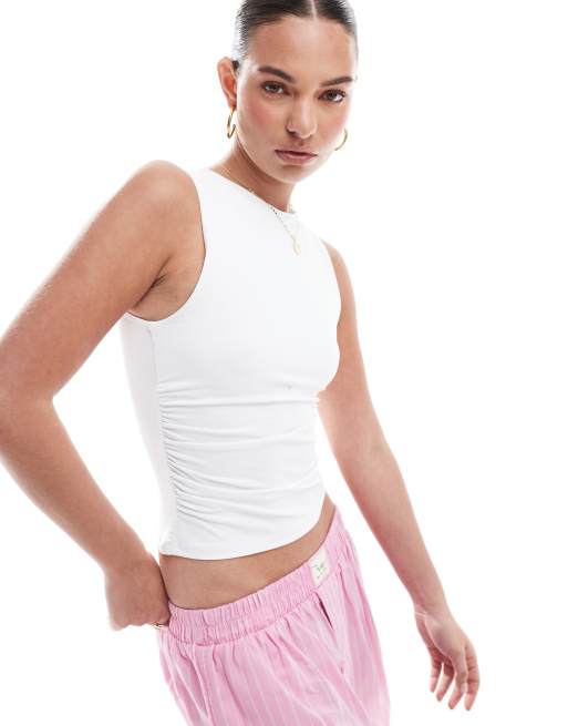 Pull&Bear - Canotta attillata bianca in poliammide con scollo a vogatore