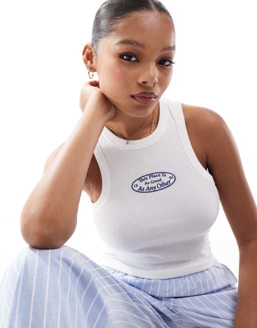 Pull&Bear - Canotta bianca con scollo a vogatore e grafica