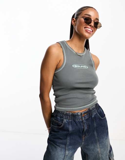 Pull&Bear - Canotta grigio slavato con scollo a vogatore e grafica
