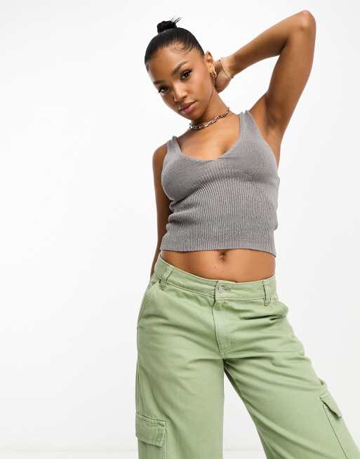 Pull&Bear - Canotta in maglia grigia a coste in coordinato