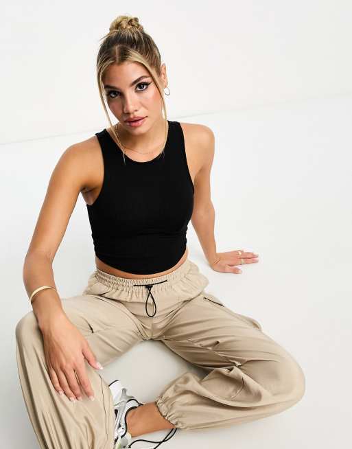 Pull&Bear - Canotta nera a corsetto con scollo a vogatore