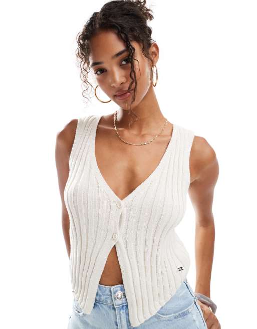 Pull&Bear - Canotta stile gilet in maglia bianco sporco