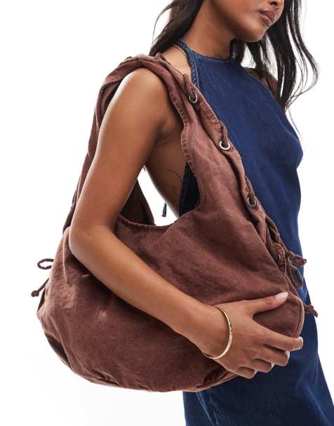 Pull&Bear canvas bag with lace detail in brown - view 1