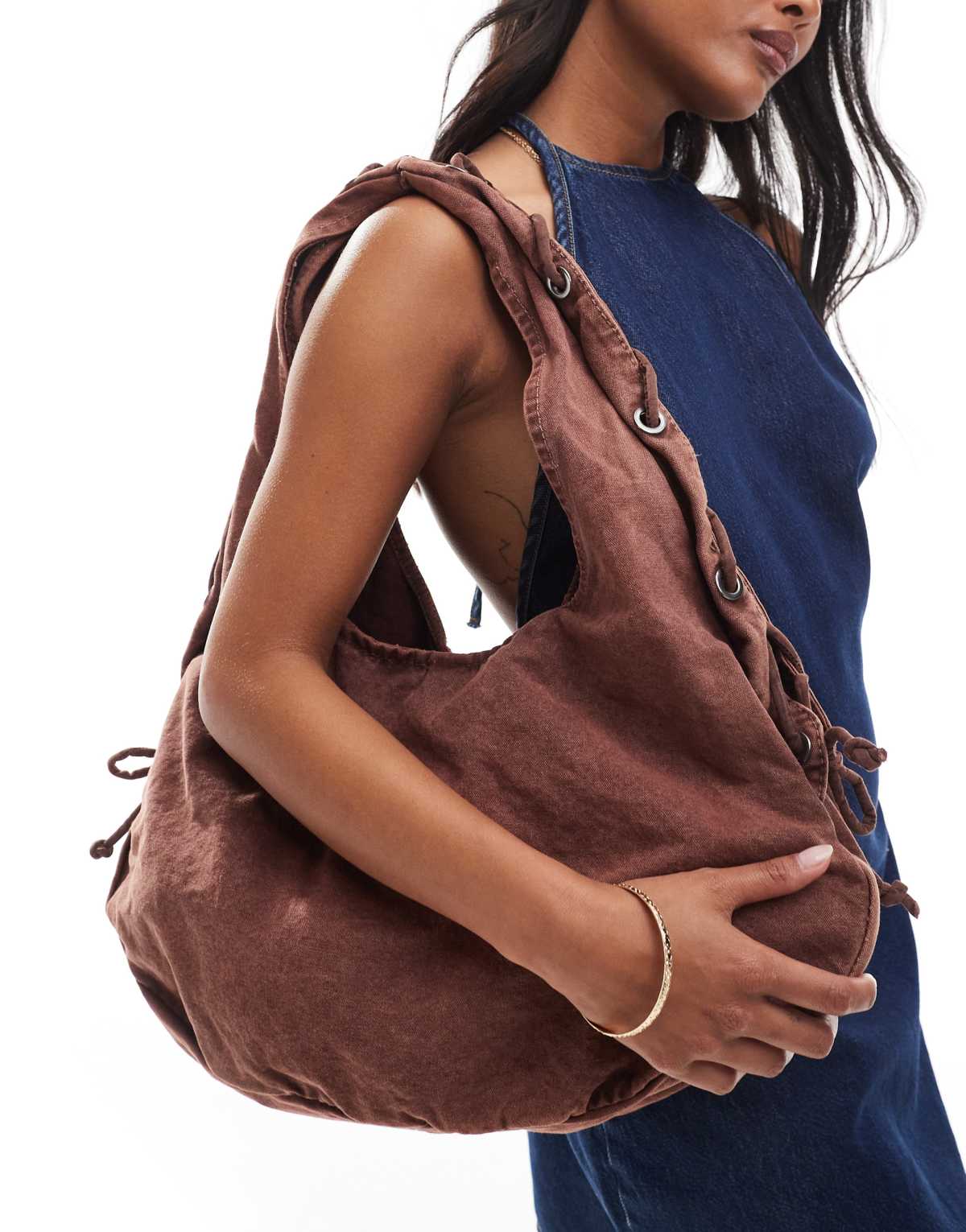 Pull&Bear canvas bag with lace detail in brown