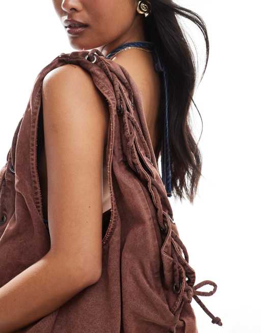 Pull&Bear canvas bag with lace detail in brown