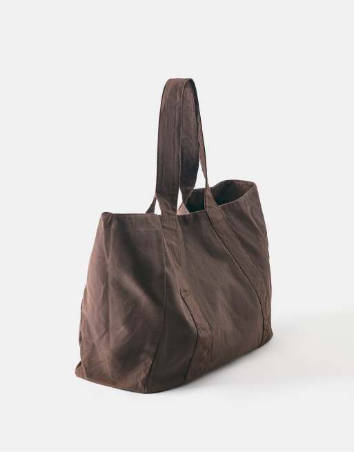 Pull&Bear Canvas tote bag in brown, 3 of 5