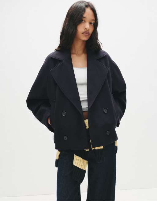 Pull&Bear - Cappotto corto in feltro testurizzato color blu navy