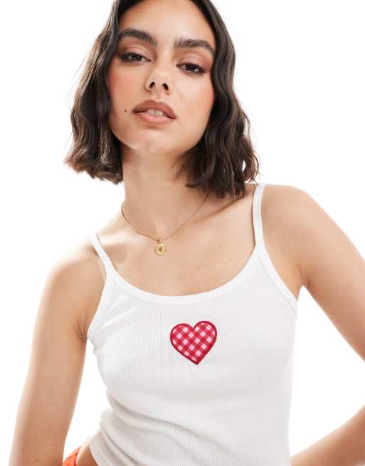 Pull&Bear - Caraco à imprimé cœur style vichy - Blanc