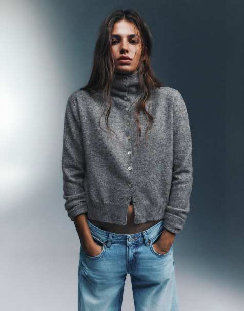 Pull&Bear cardigan con collo alto e bottoni grigio mélange - view 1