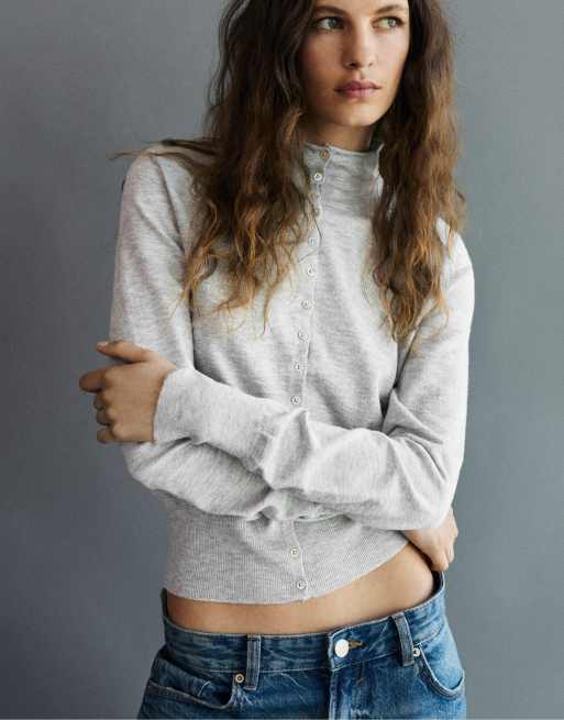 Pull&Bear cardigan con collo alto grigio mélange, 5 di 7