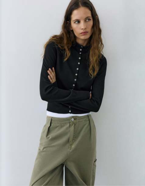 Pull&Bear cardigan con collo alto nero - view 1