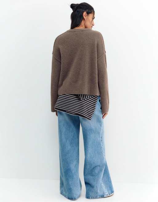 Pull&Bear - Cardigan marrone con maniche raglan e bottoni, 2 di 4