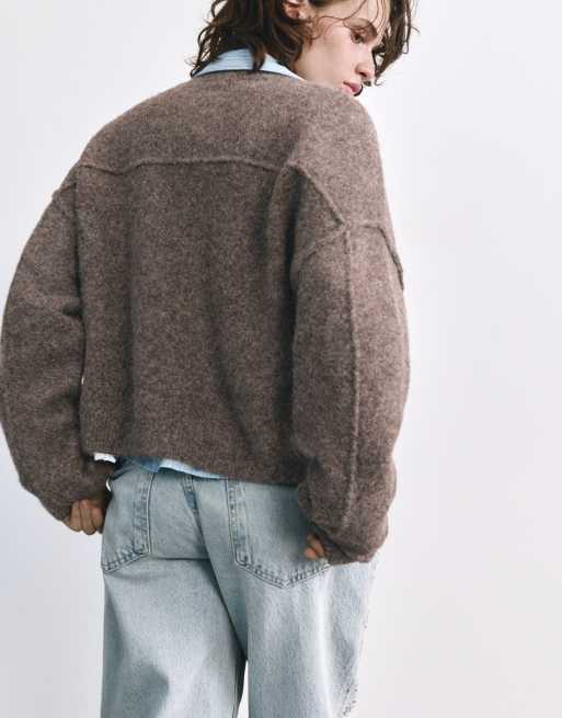 Pull&Bear cardigan morbido in maglia marrone, 2 di 7