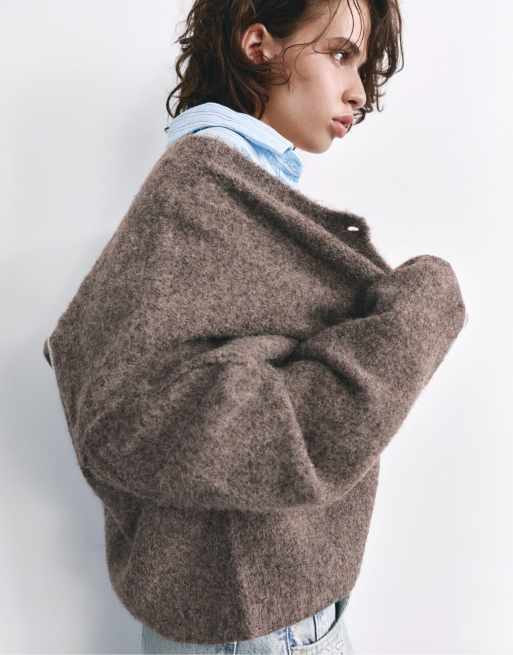 Pull&Bear cardigan morbido in maglia marrone, 4 di 7