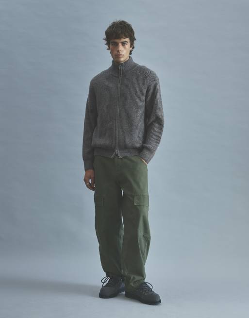 Pull&Bear cardigan zippé côtelé en anthracite foncé, 4 de 7