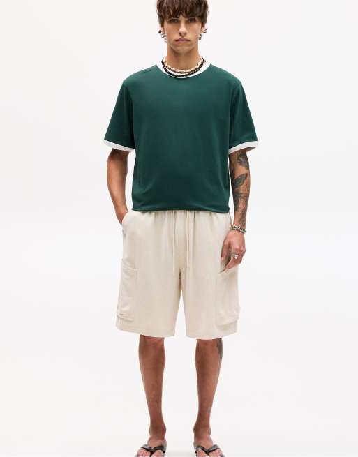 Pull&Bear – Cargo-Bermudashorts aus Leinen in Beige