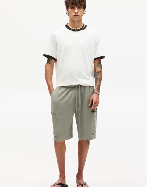 Pull&Bear - Cargo-bermudashorts i bleg grøn hørblanding - view 1