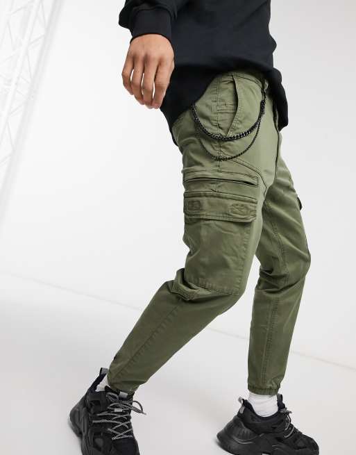 Pull&Bear cargo chino trackies in khaki with chain