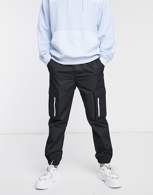 Pull&Bear cargo joggers with white zip detail in black
