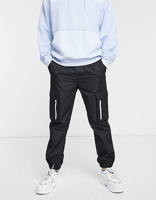 Pull&Bear cargo joggers with white zip detail in black | ASOS