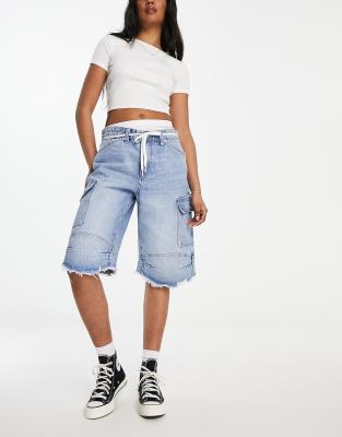 Pull&Bear cargo longline denim jorts in washed blue | ASOS