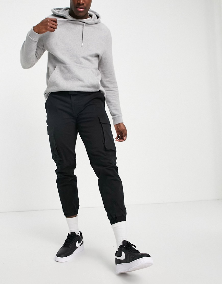 Pull & Bear cargo pants in black with belt