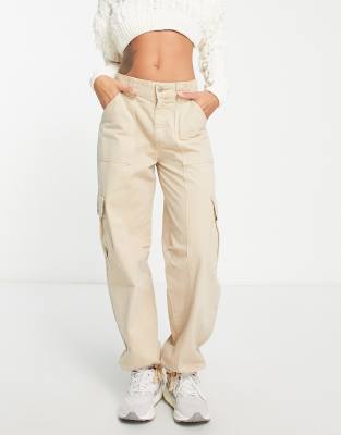Pull&Bear cargo pants with adjustable cuff in beige