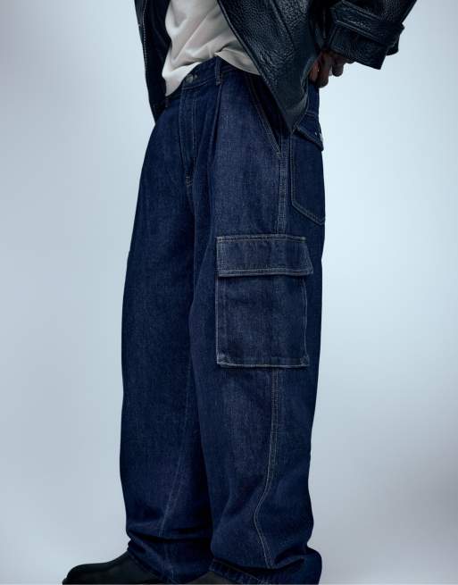 Pull&Bear cargo relaxed-fit jeans in marineblauw, 5 van 7