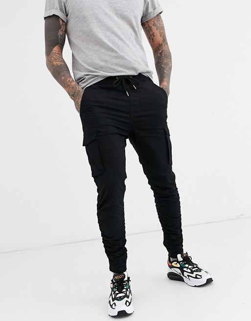 Pull&Bear cargo trouser with ruched detail in black
