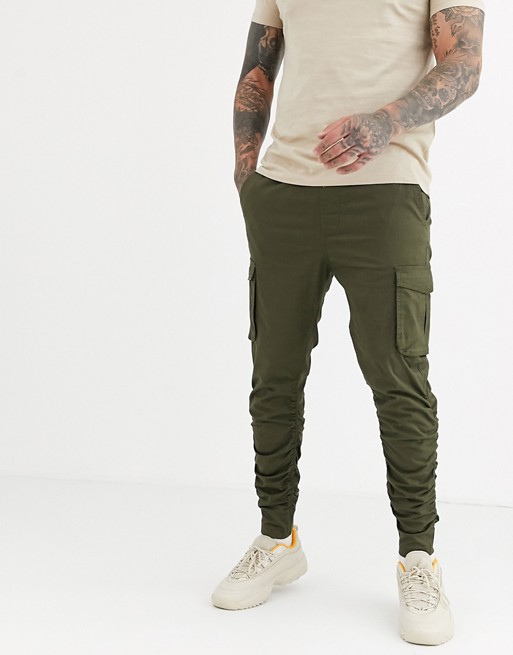 Pull&Bear cargo trousers with ruched detailing in khaki