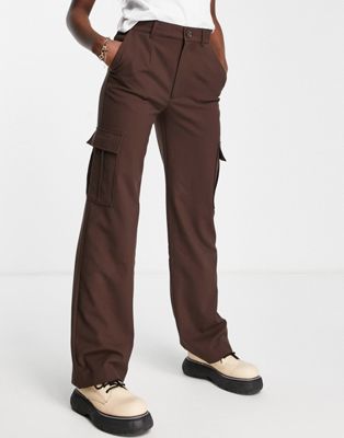 Pull&Bear high waisted cargo straight leg trousers in brown